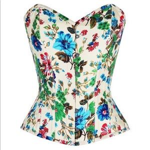 Ivory and Blue Floral Steel Boned Overbust Corset